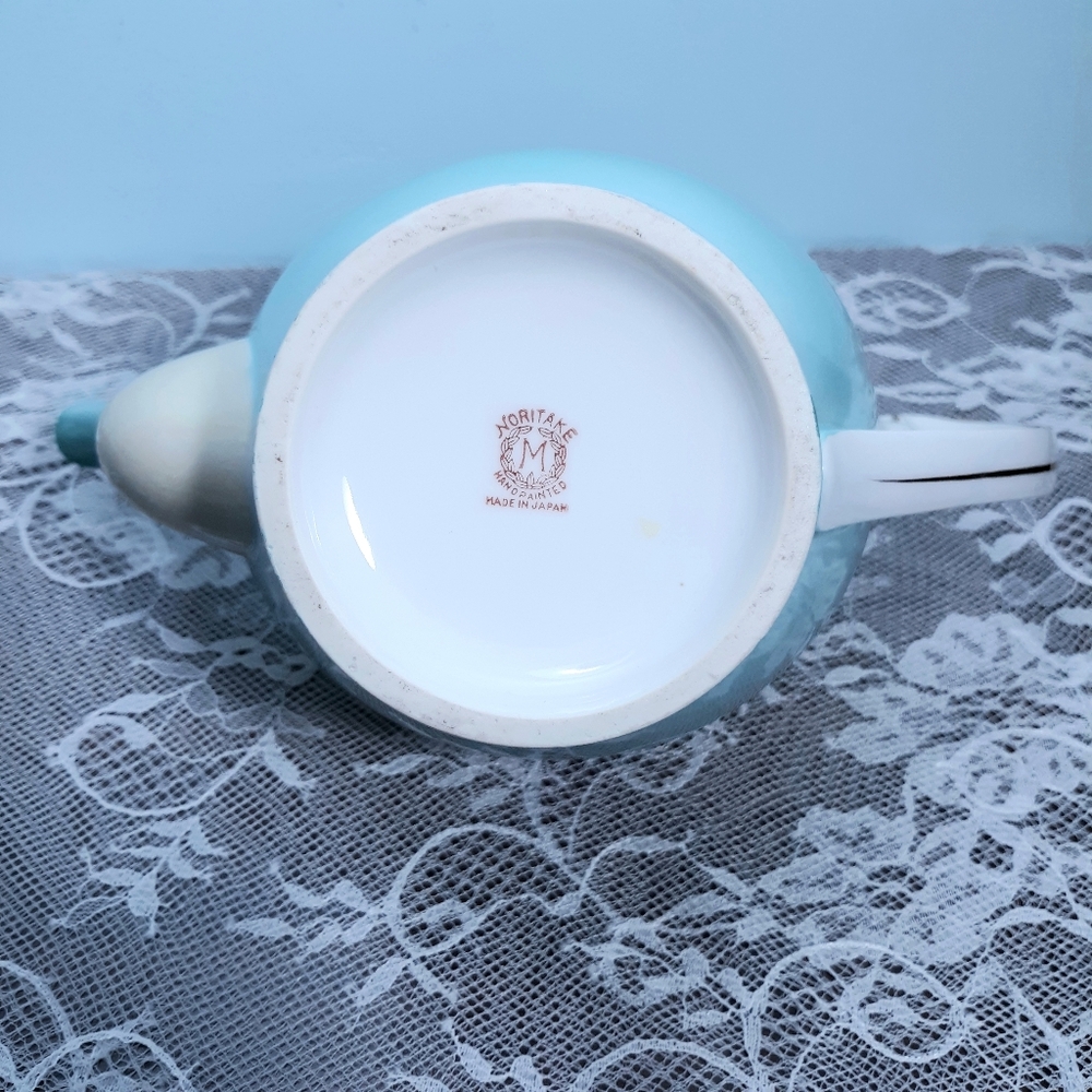 Antique Ca 1920 Noritake Teapot Turquoise Blue Floral Roses White Gold Vintage - Picture 9 of 13